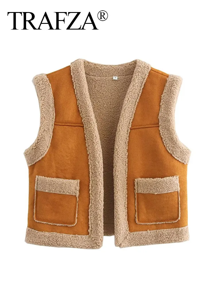 TRAFZA Winter Fashion Women's Fleece Vest Cardigan Splicing Short Female Open Stitch Wild Casual Streetwear Woman Waistcoat Top