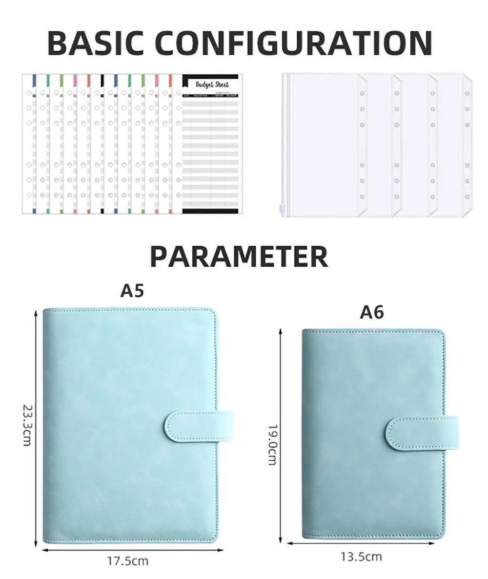 A5/A6 마카롱 6 링 바인더 PU 클립 온 루스 리프 노트 커버, 저널 문구, 예산 정리, 지퍼 포켓 포함