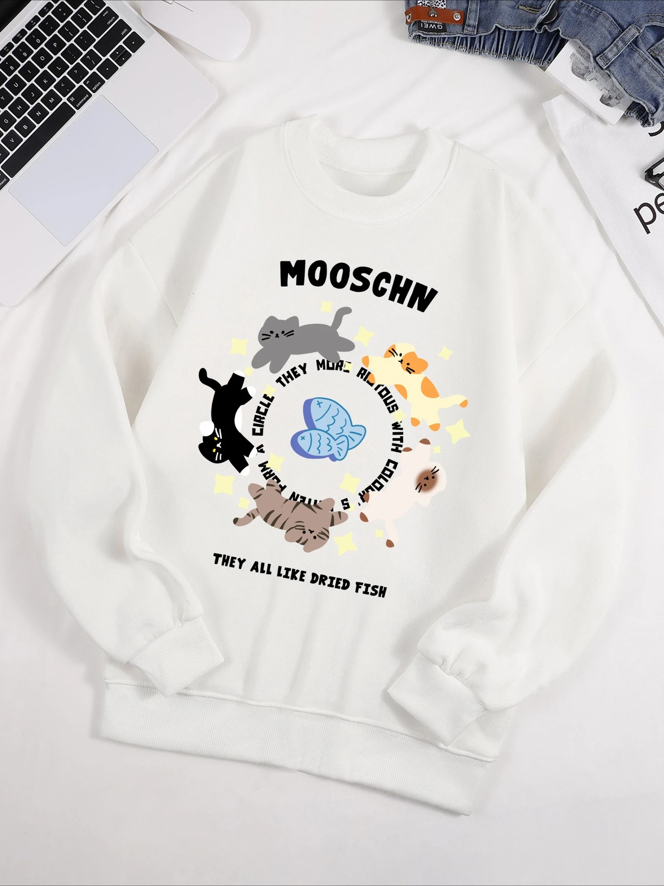 Mooschn They All Like Dried Fish Printed Sweatshirt Men women warm Loose Pullover Creative Sportswear Autumn Winter innerwear