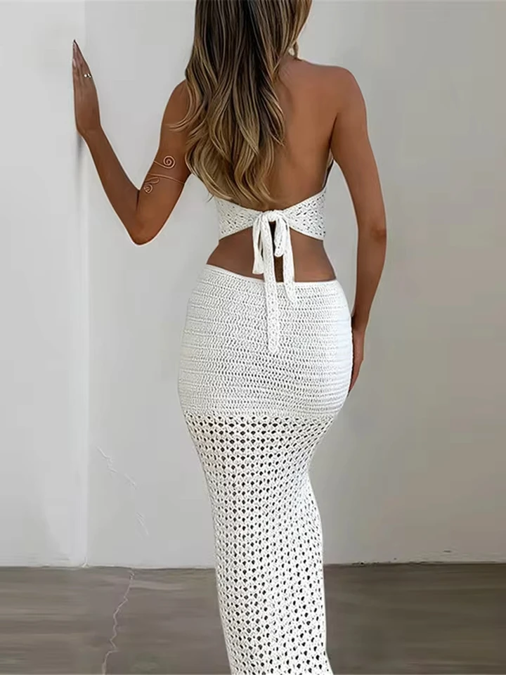 Cover-ups Beach Dress Beachwear Female Women Beach Wear V Neck Halter Solid Crochet Knitted 2 Pieces Suits Beach Cover Up V7648