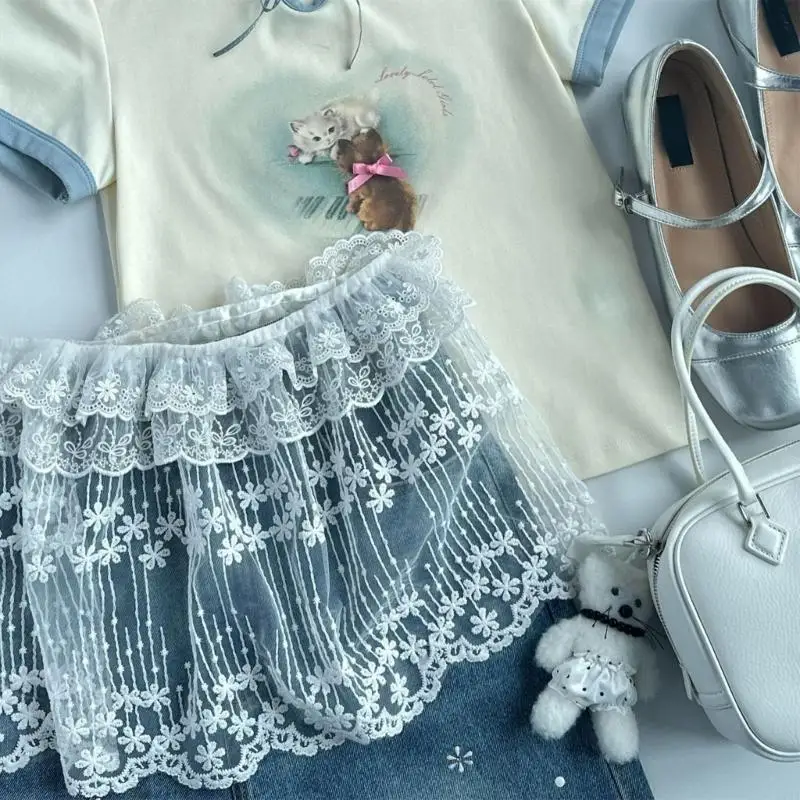 270D كشكش طبقات الدانتيل وهمية أعلى الاجتياح تنورة نصف طول تنورة صغيرة هملين قميص موسع للنساء الفتيات الهدايا