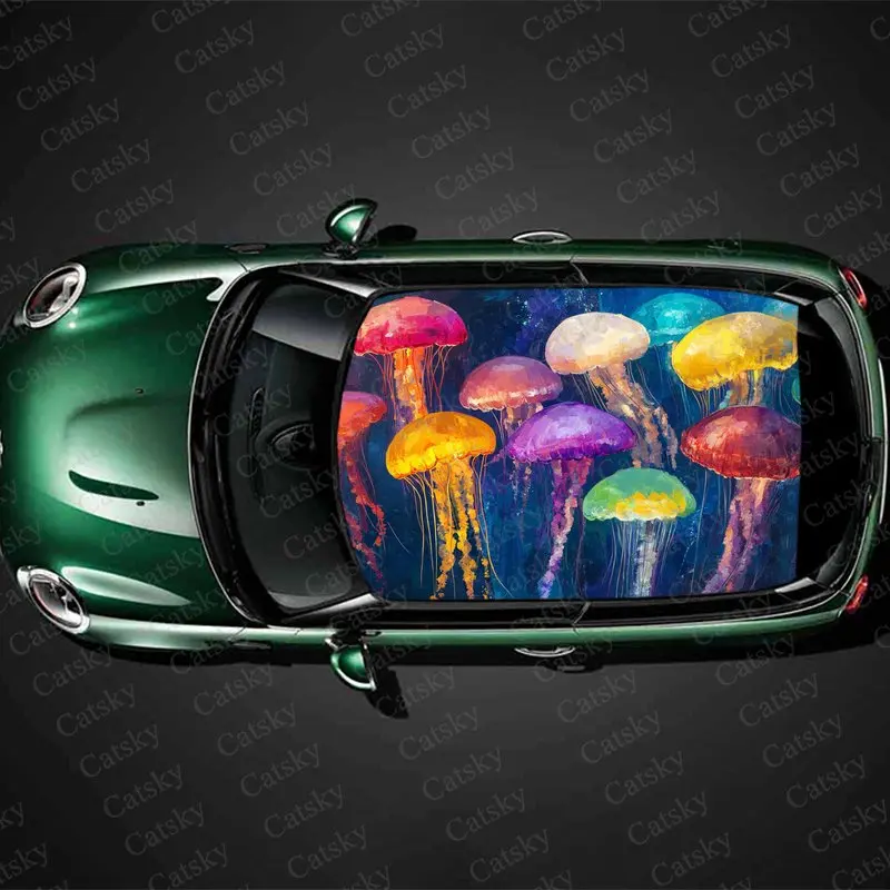 Underwater Animal Jellyfish Print Car Roof Sticker Wrap Racing SUV Auto Accessories Packaging PVC Car Hood Graphic Decal Decor