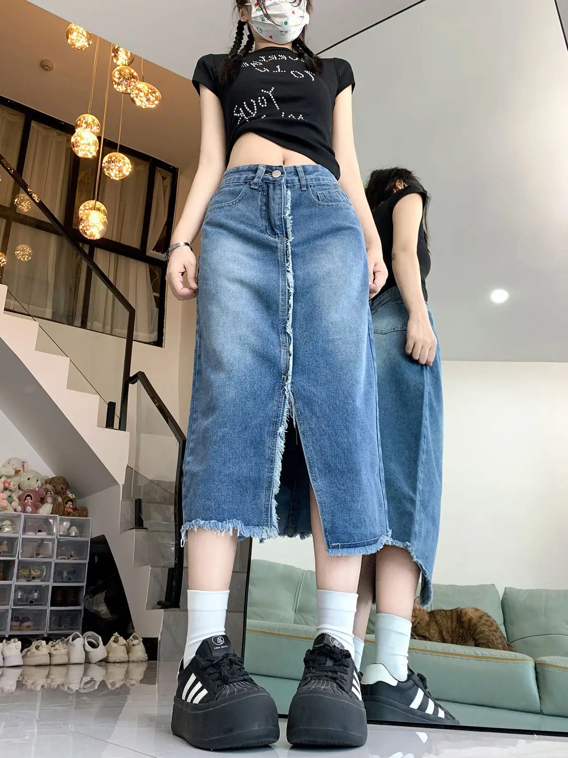 Saias jeans irregulares femininas, saia midi de cintura alta, saia linha A, streetwear casual, moda estilo europeu, verão