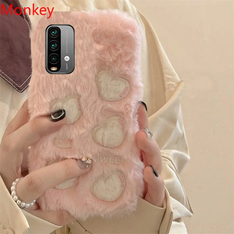 Korean Cute Love Heart Plush Warm Fluffy Phone Case For Xiaomi 12T 11T Redmi Note 12 11 10 9 S 11S 10S 9S 9T 10A 10C 9A 9C Cover
