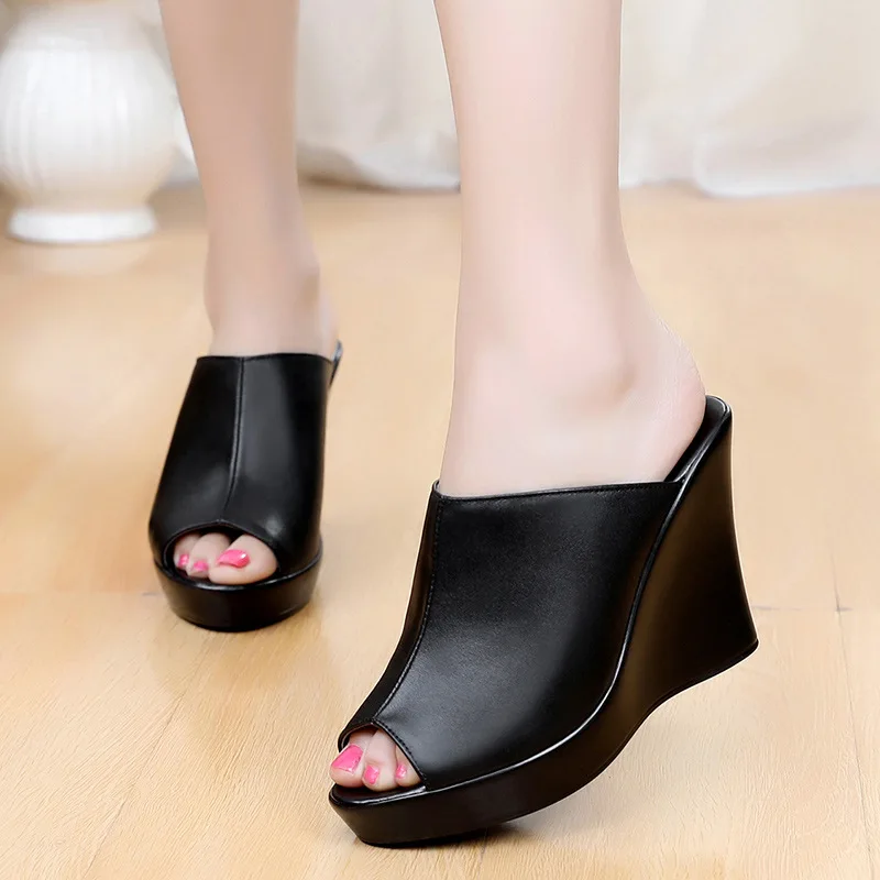 

Женские босоножки на высоком каблуке из воловьей кожи, женские босоножки с открытым носком на толстой подошве, удобные повседневные женские тапочки на танкетке и платформе