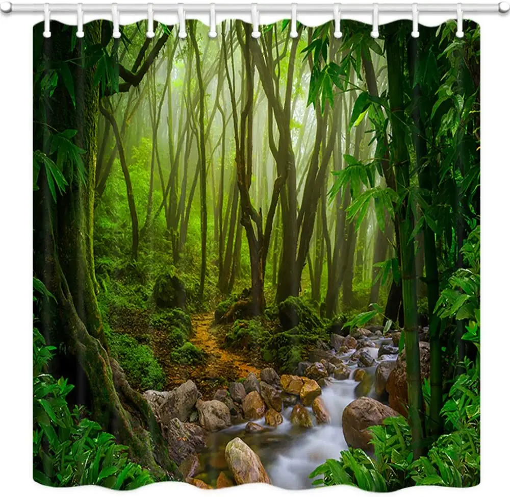 Rainforest Landscape Decor Shower Curtain Green Forest Jungle River Bathroom Polyester Fabric Bath Curtains with Hooks Washable