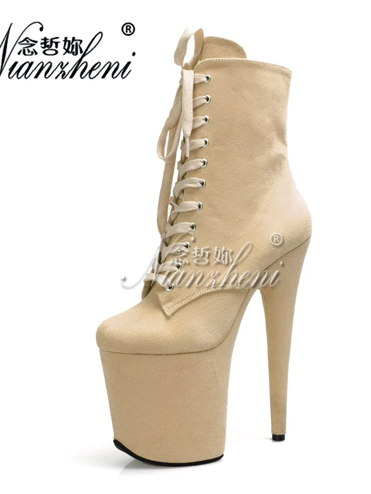 Gothic Exotic Platform Crossdresser Ankle Boots Sexy Fetish 20cm Round Toe Stripper Heels Big Size Pole Dance Flock Womens Shoes