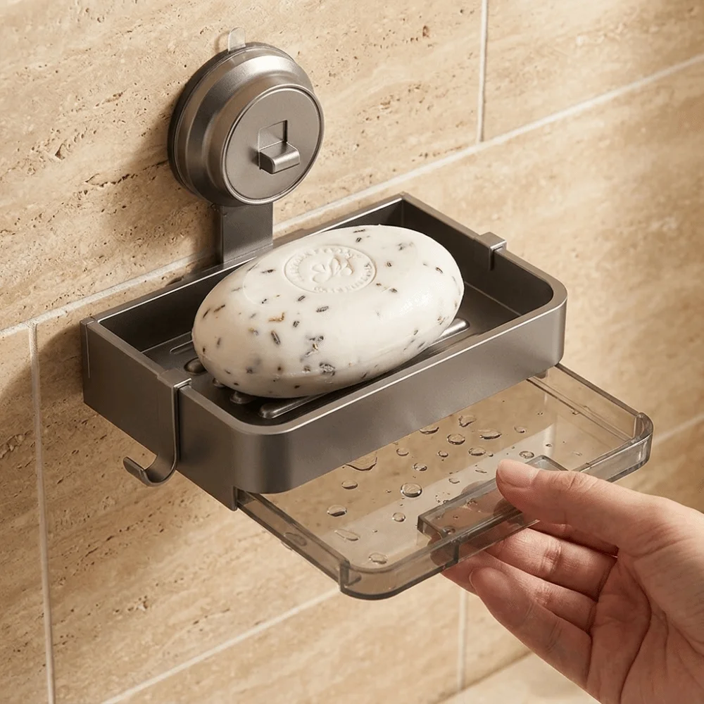 

Suction Cup Wall Mounted Soap Box Waterproof Modern No-Drill Soap Dish Quick Drain convenient Soap Storage Rack Washroom