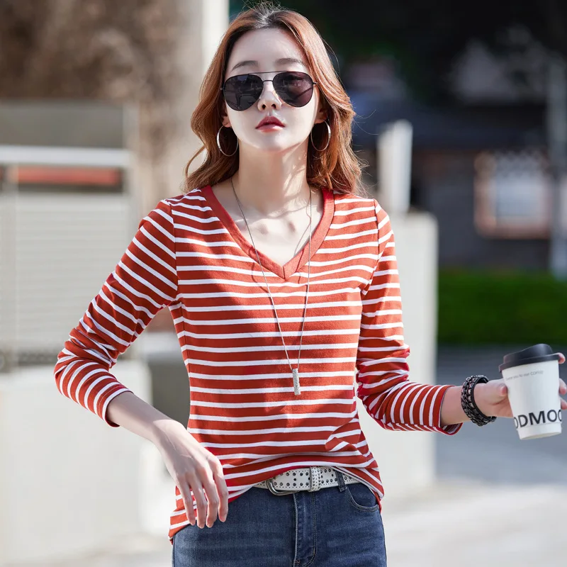 

Spring Autumn Women's Long Sleeve T-shirt Color Contrast Striped V-neck T-shirt Loose Versatile Pullover Bottoming Shirt