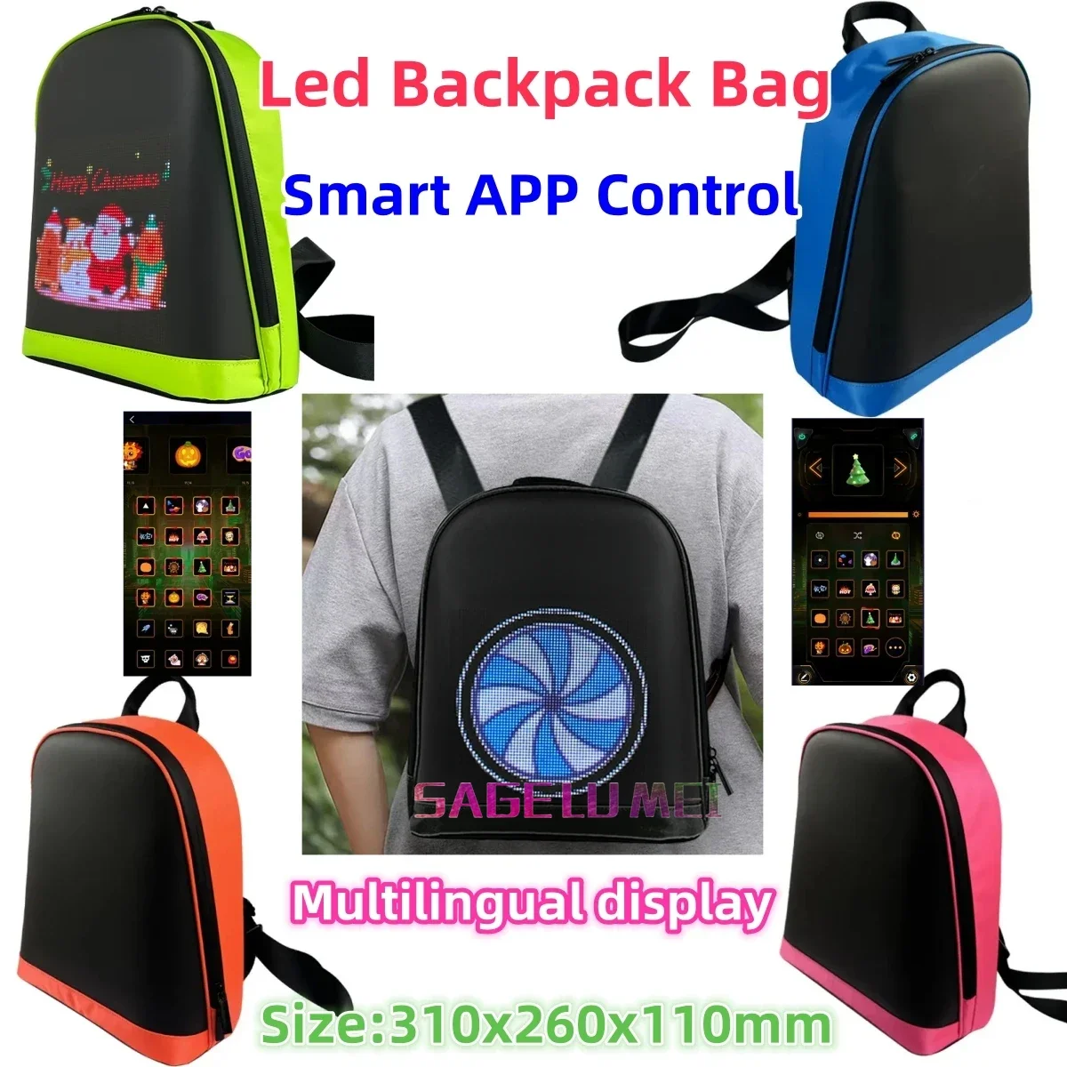 New LED Display Screen Wireless Backpack Bag LED Advertising Walking Billboard Laptop School Bag Multilingual Smart DIY Sign Bag