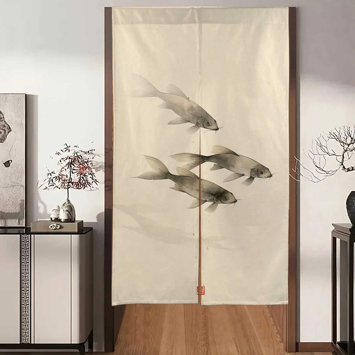 Ink Wash Swimming Fish Door Curtain - Traditional Art Motif Room Divider Privacy Drape for Dressing Room Bathroom
