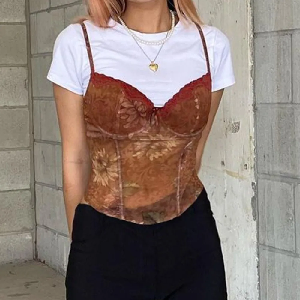 

Streetwear Slim Fit Lace Camisole Brown Sexy Lace Corset Maple leaf Printed French style Suspender Vest Women's Wear