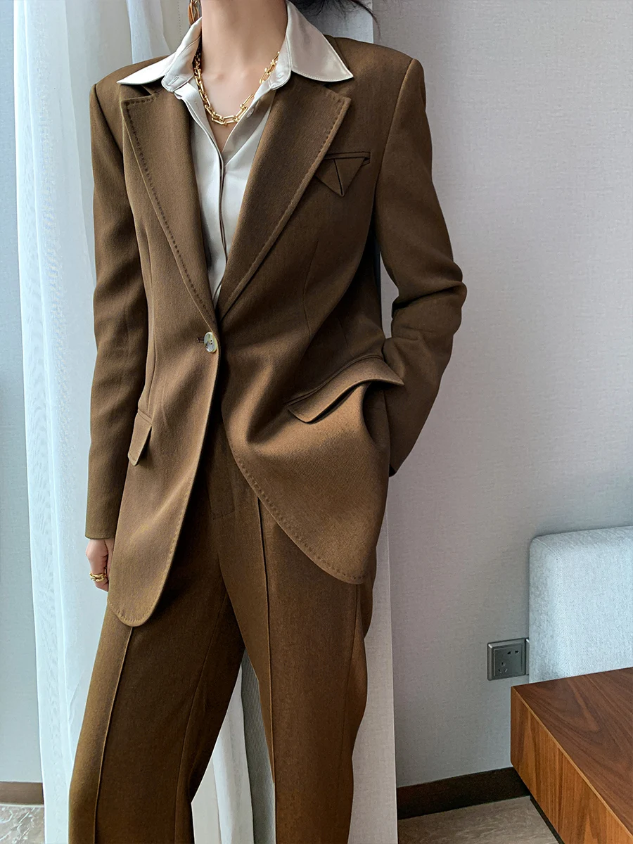 

High Precision Fabric Moccasin Brown Suit Jaet Set Split Micro Flare Pants Women's Original Design Commute Polyester Fiber