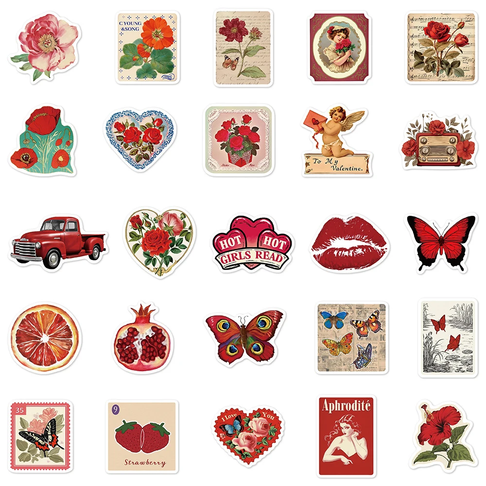 10/30/50 قطعة الرجعية الأحمر الجمالية الفن الكتابة على الجدران ملصقات الكرتون زهرة الورد ملصق الأمتعة الهاتف سجل القصاصات عيد الحب الشارات #5