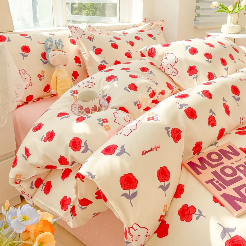 Duvet Cover Pillowcase with Bedsheet Printed Bed Linen Set Adults Kids Bedclothes Soft Bedding Cartoon Style Sheets Set 이불세트