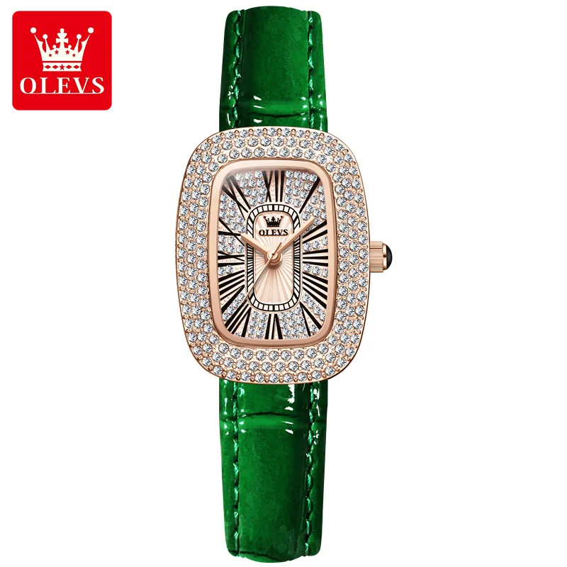 

OLEVS Watch for Women Jewel Trendy Fashion Green Ladies Watch 30m Waterproof Leather Strap Rectangular Dial Quartz Wristwatches