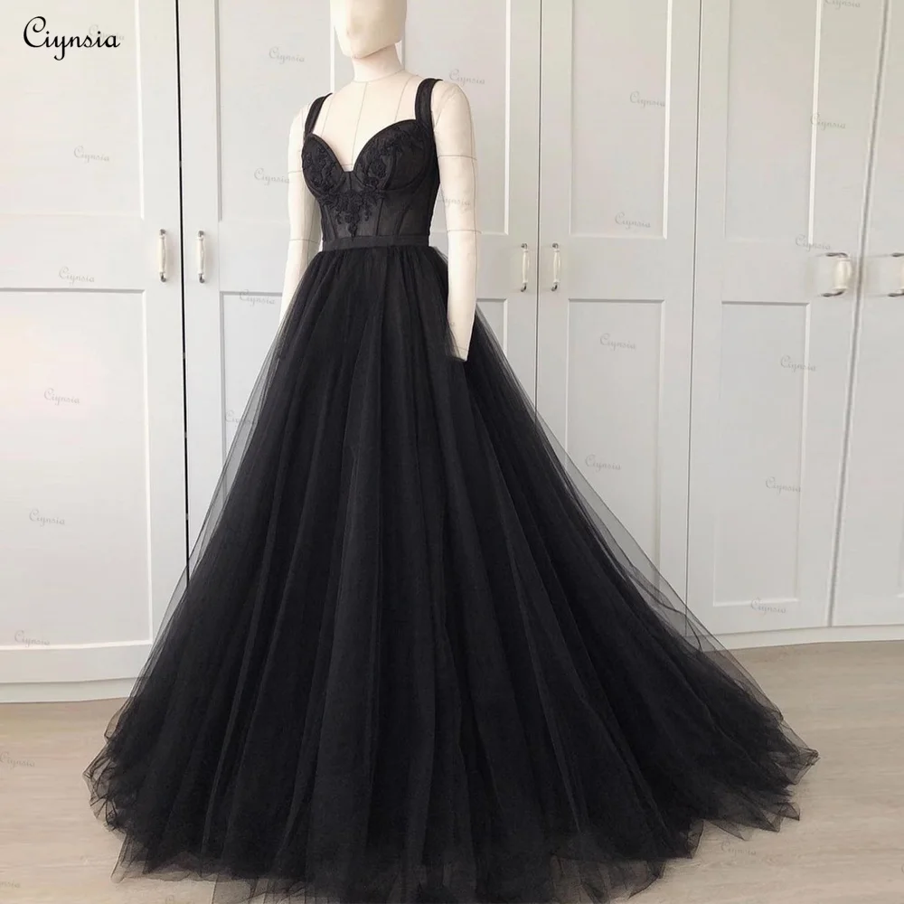 

Ciynsia Black Sweetheart A-Line Tulle Prom Dresses Long Appliques Lace Bodice Vestidos De Graduación Formal Evening Party Gowns