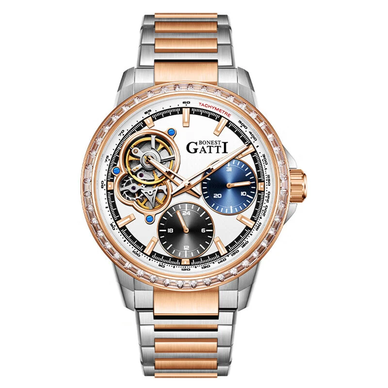 BONEST GATTI Mens Automatic Watches 43mm Fashion Mechanical Wristwatch 50M Waterproof Sapphire Luminous Skeleton Flywheel Dial