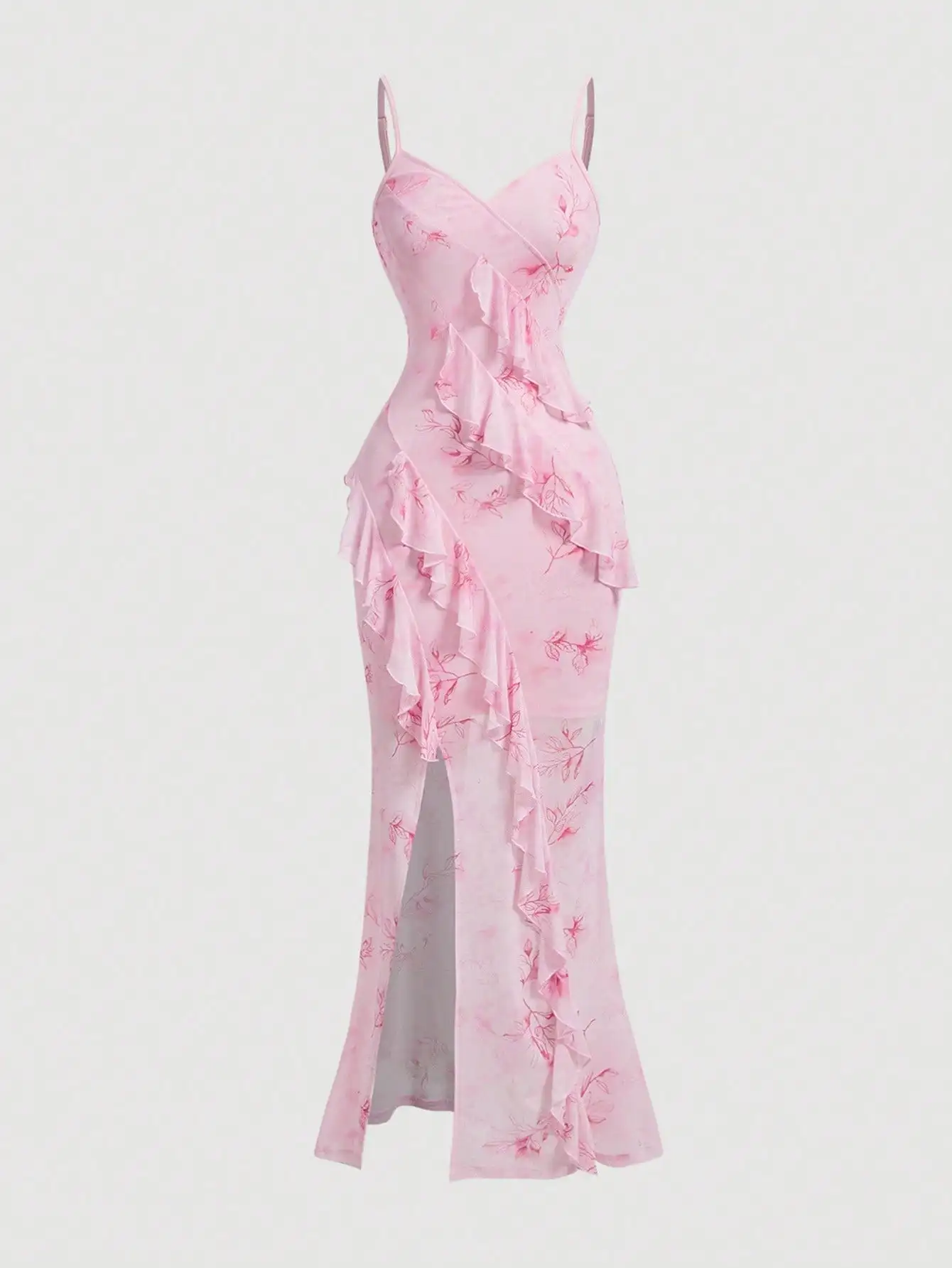 

Pink Floral Print V-Neck Ruffle Hem High Slit Dress for Summer Party
