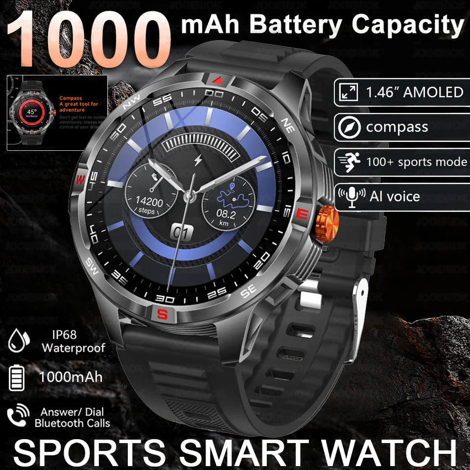 

2025 New Model 1000mAh Battery Military Outdoor Smart Watch Men Sports Fitness Compass IP68 Waterproof Bluetooth Call Smartwatch