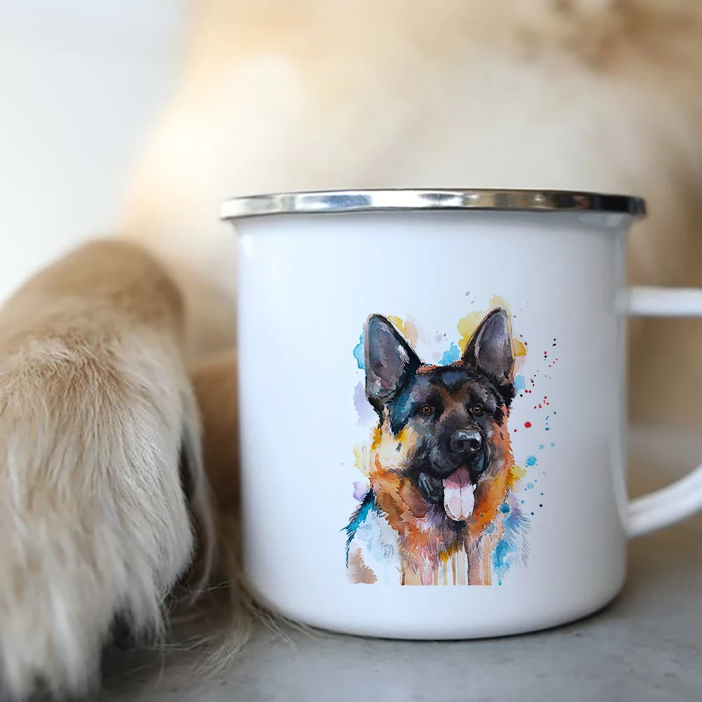 German Shepherd Printed Creative Enamel Coffee Tea Mugs Camping Adventure Beer Drink Juice Cups Handle Mug Gifts for Dog Lovers