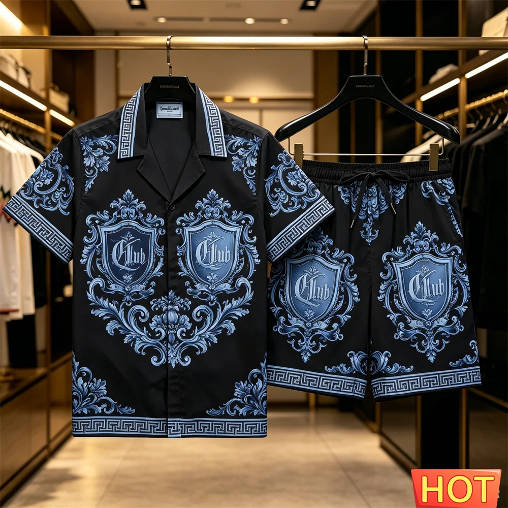 Amerikanisches Club-Shirt-Set, Heimtrikot-Set, Hemd-Hosen-Set, Sommerliches Hawaii-Hemd-Set für Herren, Atmungsaktives Hotel-Urlaubshemd, Zweiteiliges Set