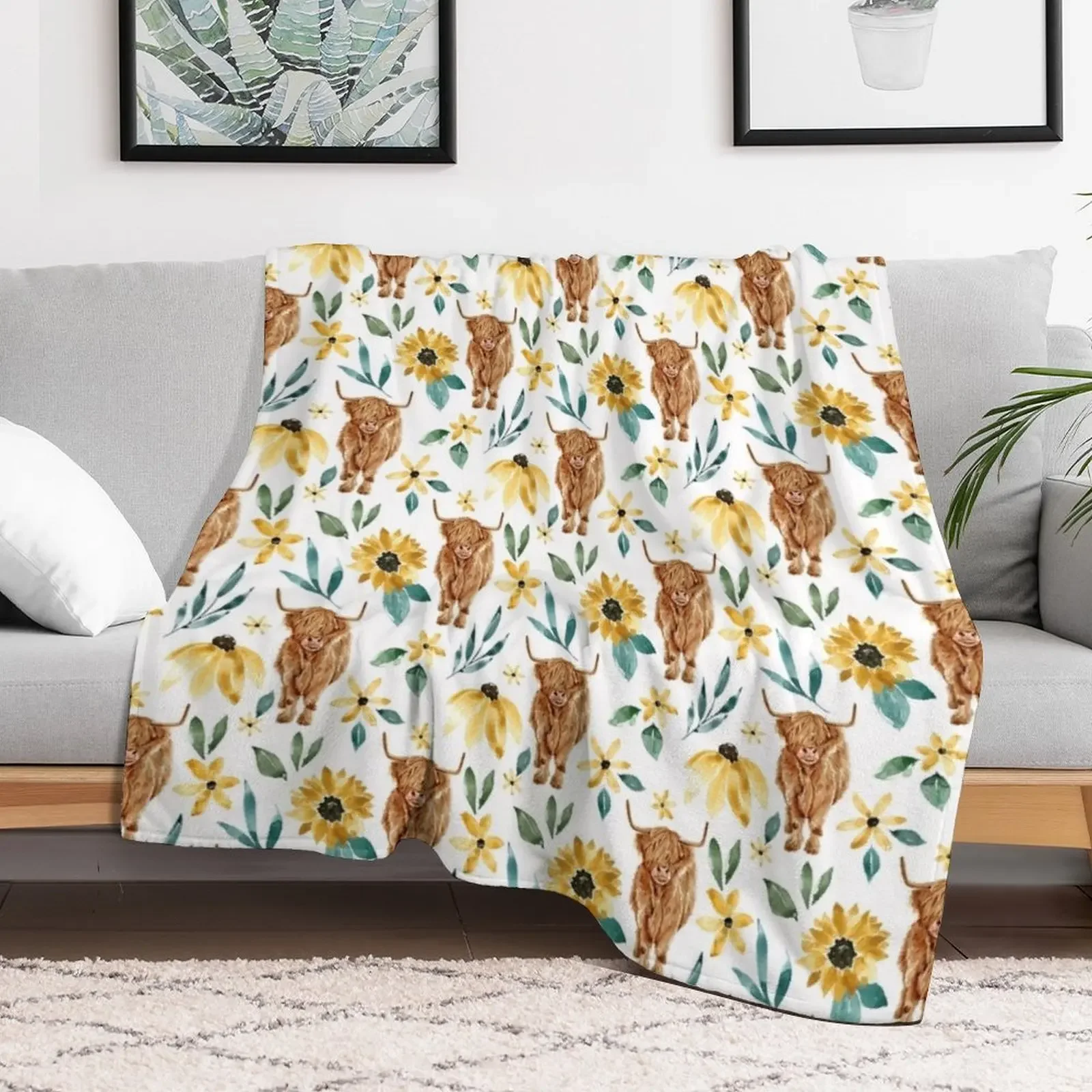 Highland Cow With Sunflowers Throw Blanket Soft Plaid Loose Plush Blankets