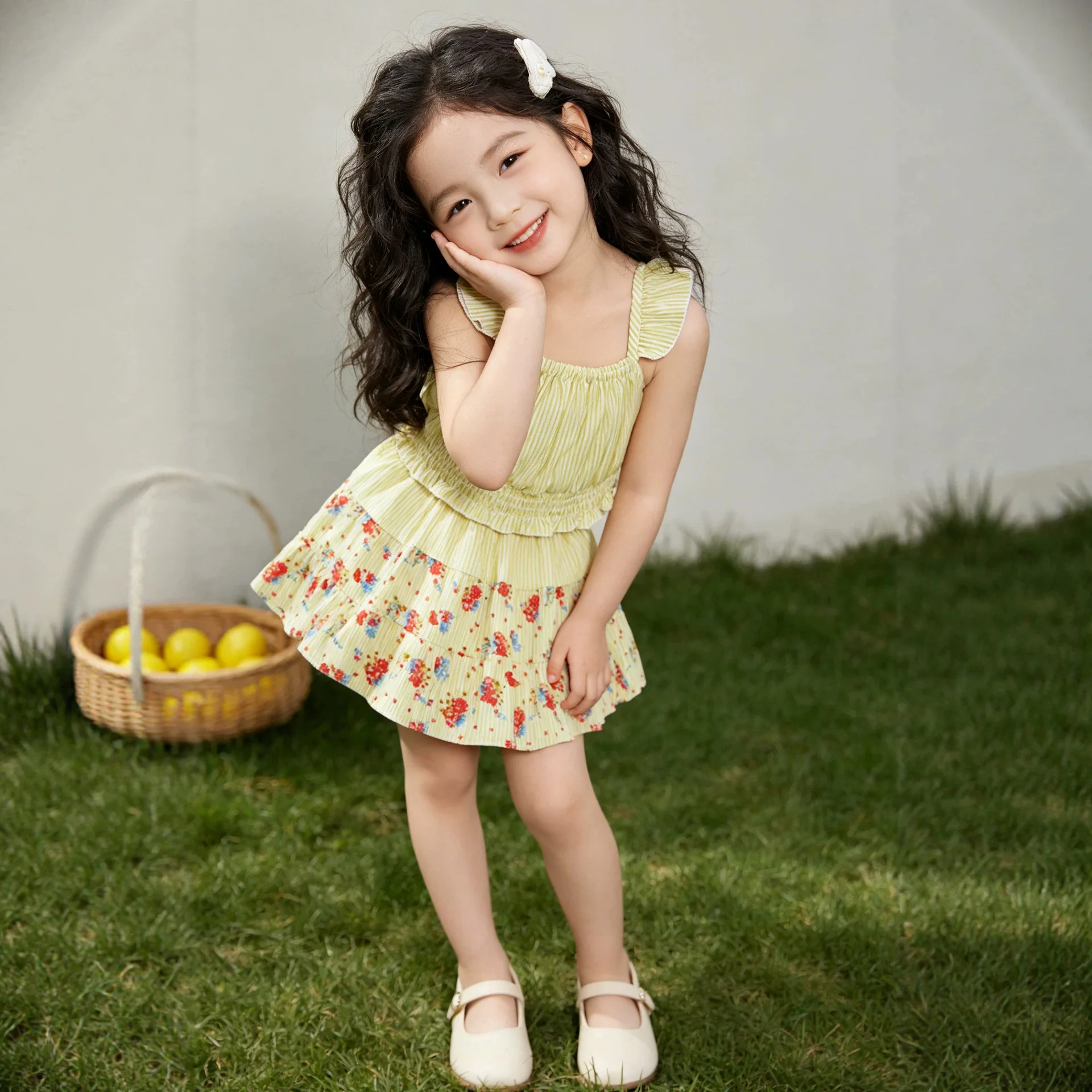 2026 Trendy Ins Style Floral Halter Dress Two-Piece Set for Girls, Casual Outdoor Wear in Small and Medium Sizes
