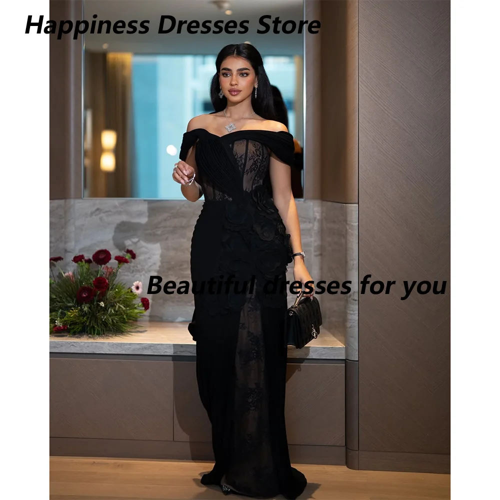 

Black Evening Dresses for Women Off Shoulder Flowers Pleat Mermaid Jersey Saudi Arab Prom Gown Arabian Formal Dresses Customized