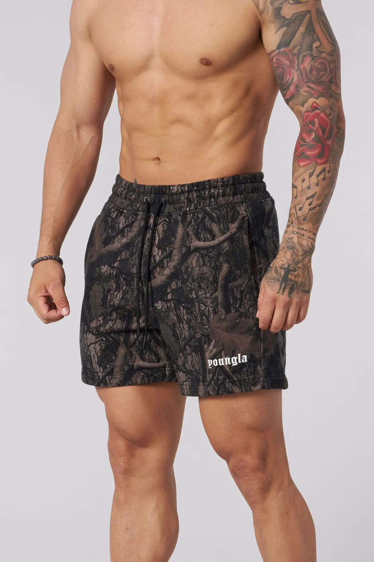 American New Withered Leaf Style Shorts Men\'s Casual Camouflage Summer Retro Letters Stretch Loose Gym Sweatpants Beach Pants