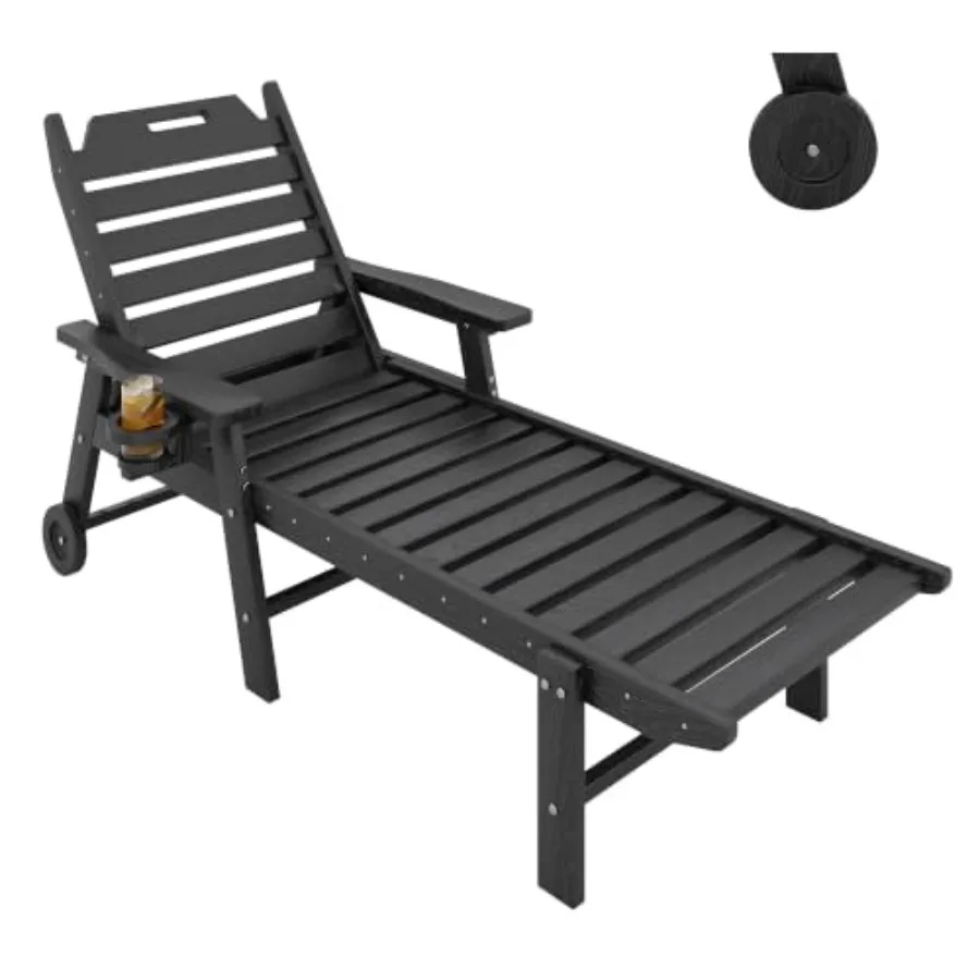 HDPE outdoor lounge chair with cup holder, gray, weather-resistant and easy-movement wheels, 5-position adjustable backrest