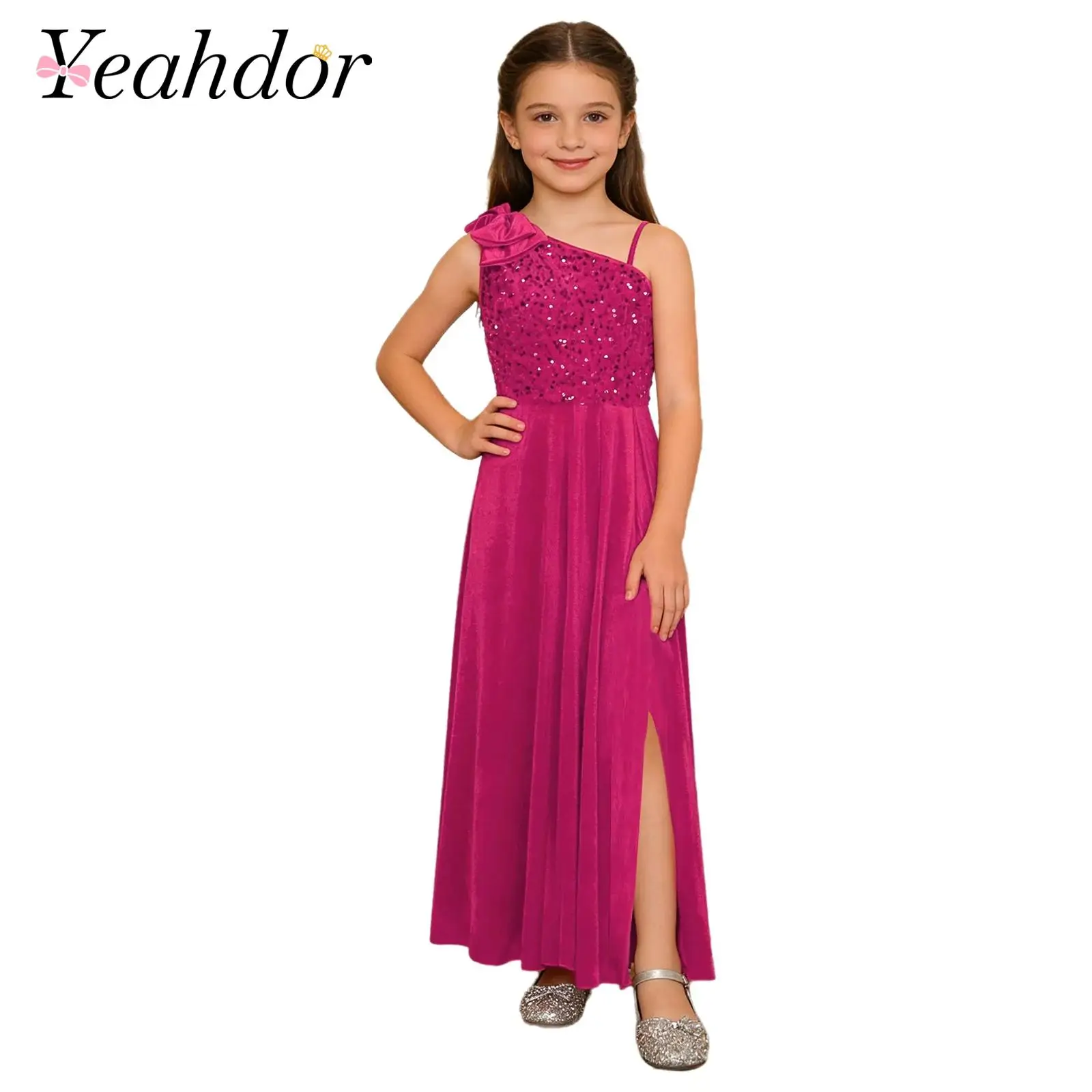 Elegant Girls Junior Bridesmaid Dress One Shoulder Slit Flower Girl Dress for Wedding Party Festive Costume Children's Dresses