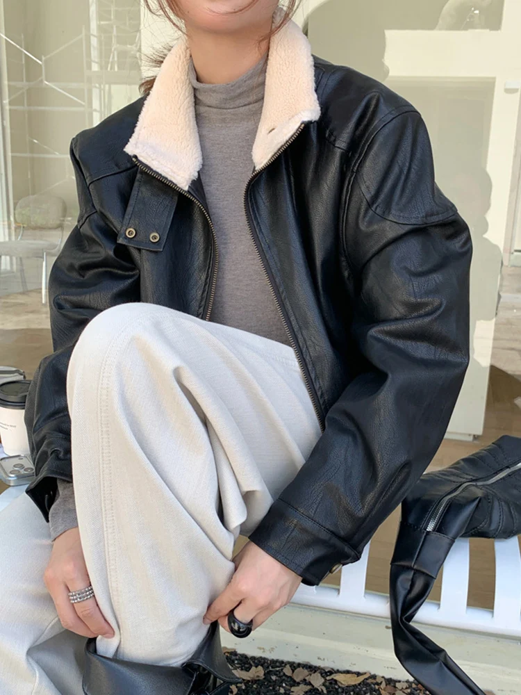 YERMORA 여성용 블랙 PU 가죽 캐주얼 재킷 여성용 라펠 긴 소매 루즈핏 신상 코트 패션 트렌드 가을 겨울 2025