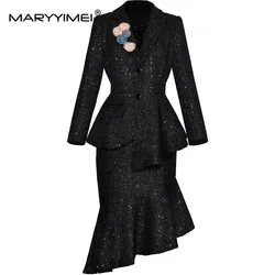 MARYYIMEI Autumn and Winter Women's Suit Appliques Single-Breasted Asymmetrical Tops+Slim Mermaid Skirt Sequins 2 piece set