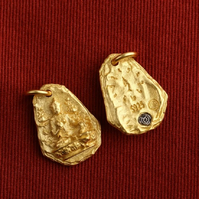 100% 925 Silver Tibetan Green Tara Small Pendant Gold Plated Tara Charm Lucky Amulet