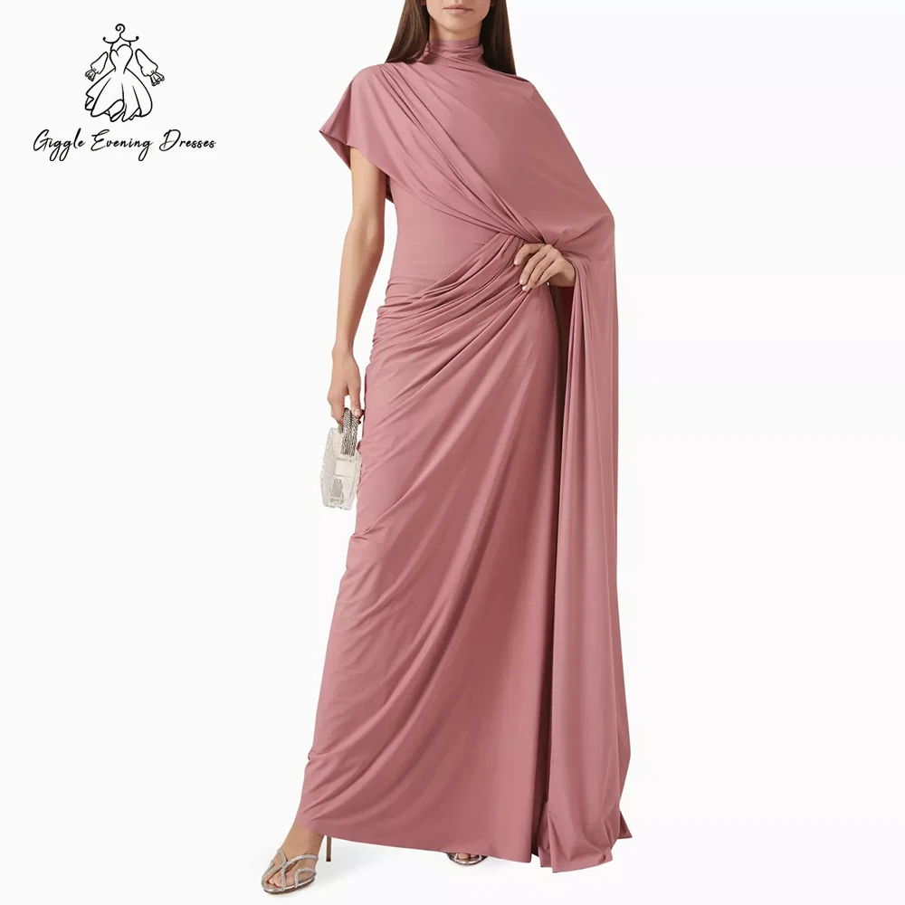 Rosa High Neck Arabisch Abendkleid für Frauen Cap Sleeve Falten Stretchy Meerjungfrau Hochzeit Party Kleid Vestido De Noche Angepasst