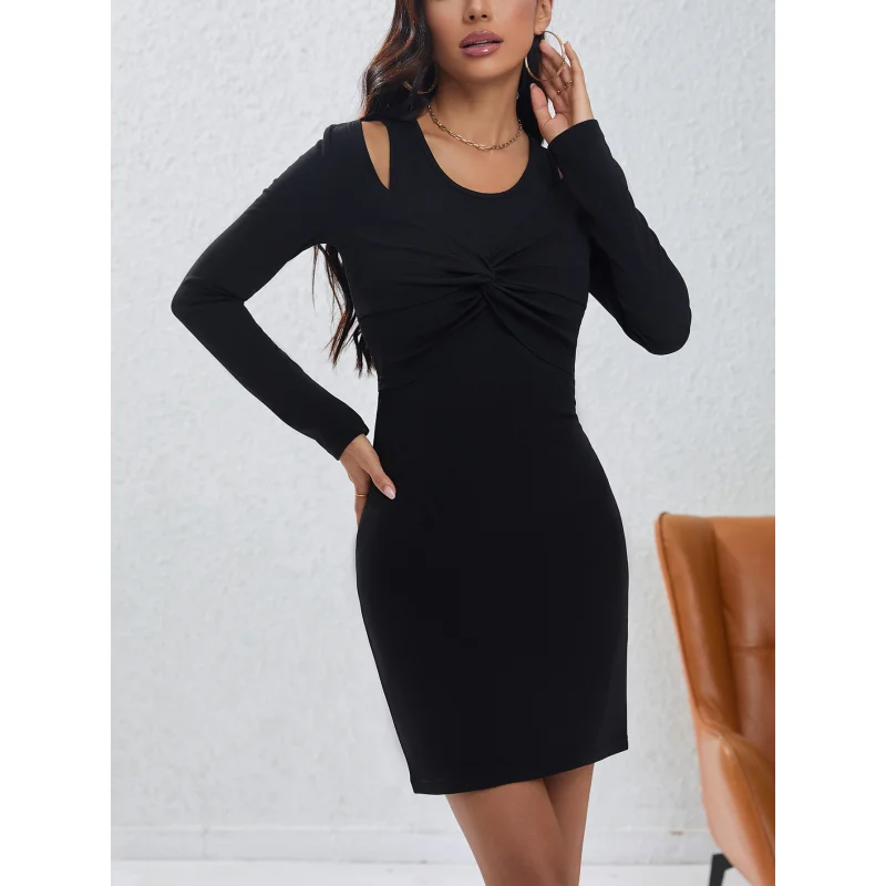 

YQ1-Women's Autumn Winter Slim Fit Bodycon Sexy Off-Shoulder Fake Two-Piece Long Sleeve Elegant Commuter Dress