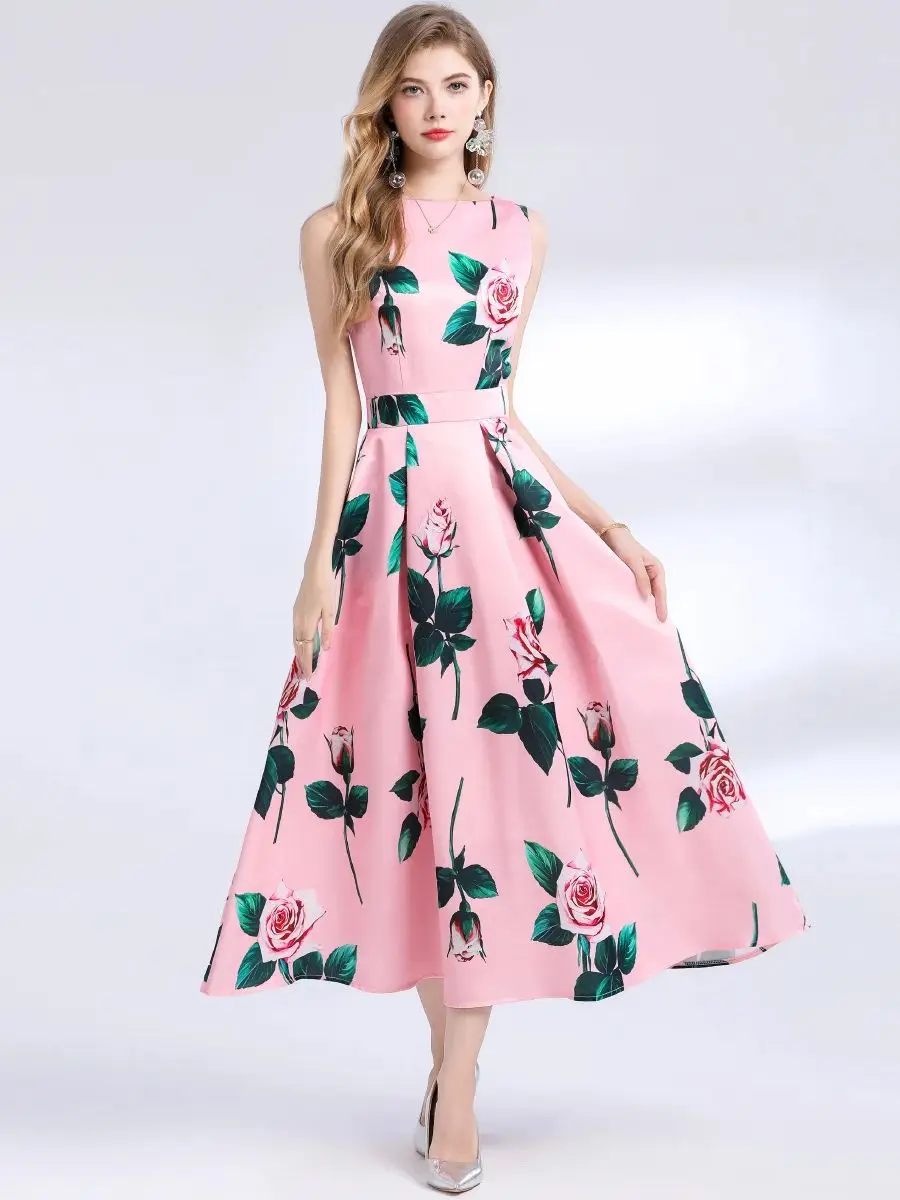 

Summer New Gorgeous Rose Print Pink Midi Dresses Women's O-neck Sleeveless Slim Folds Ball Gown Party Dress
