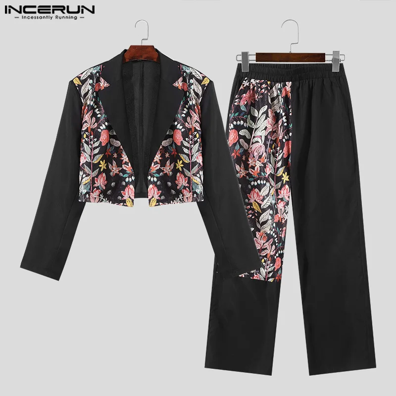 INCERUN 2024 American Style Men\'s Fashion Sets Short Long Sleeved Suit Coats Long Pants Sexy Patchwork Lace Two-piece Sets S-5XL