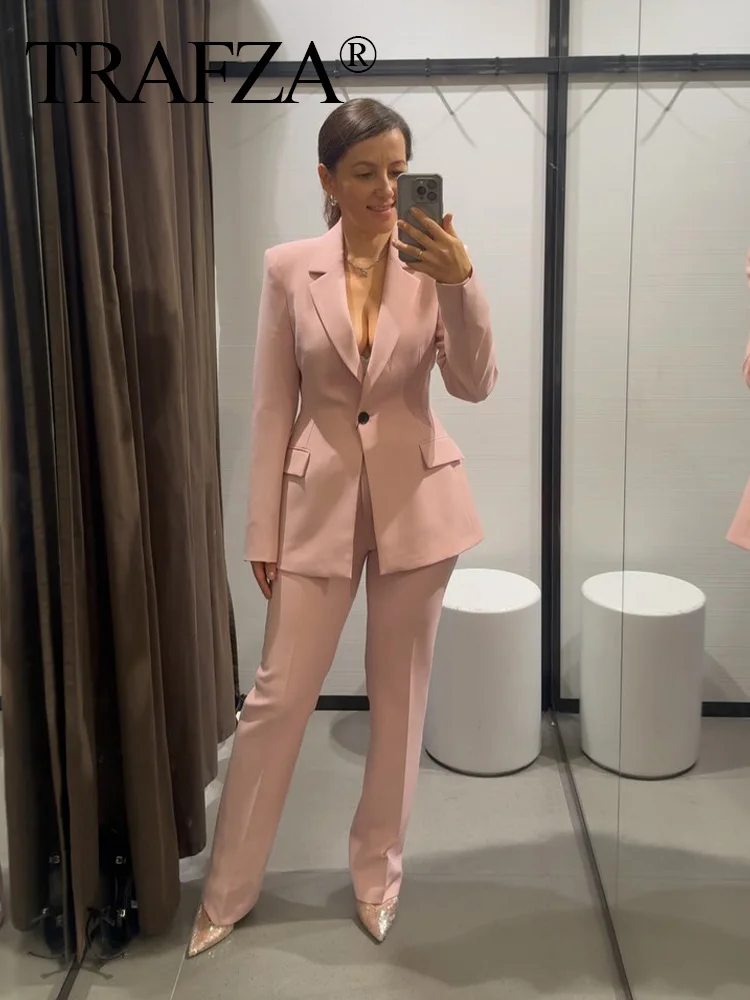 TRAFZA 2024 Women Solid Pink Lapel Long Sleeve Pocket Single Button Design Slim Blazer+Loose Zipper Wide Leg Pants 2 Piece Set