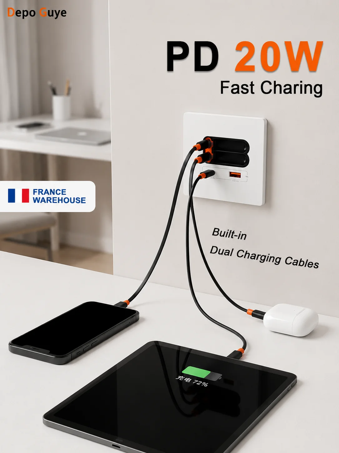 20W PD EU Wandladegerät mit Doppel-75cm Einziehbaren USB-C & Lightning Kabeln USB-A USB-C Schnell-Ladepanel
