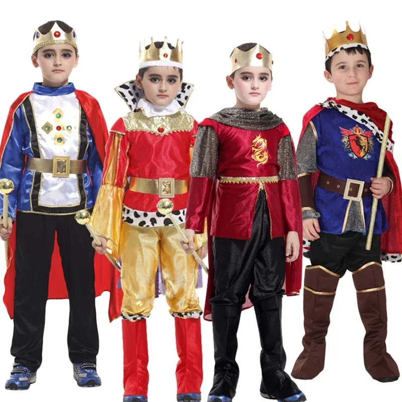 Bambini Ragazzi Carnevale Cosplay Dress Up Costume da re medievale Principe Mantello Corona Set Festa di Natale Senza scettro RK5313v;6,a'3.k;8,
