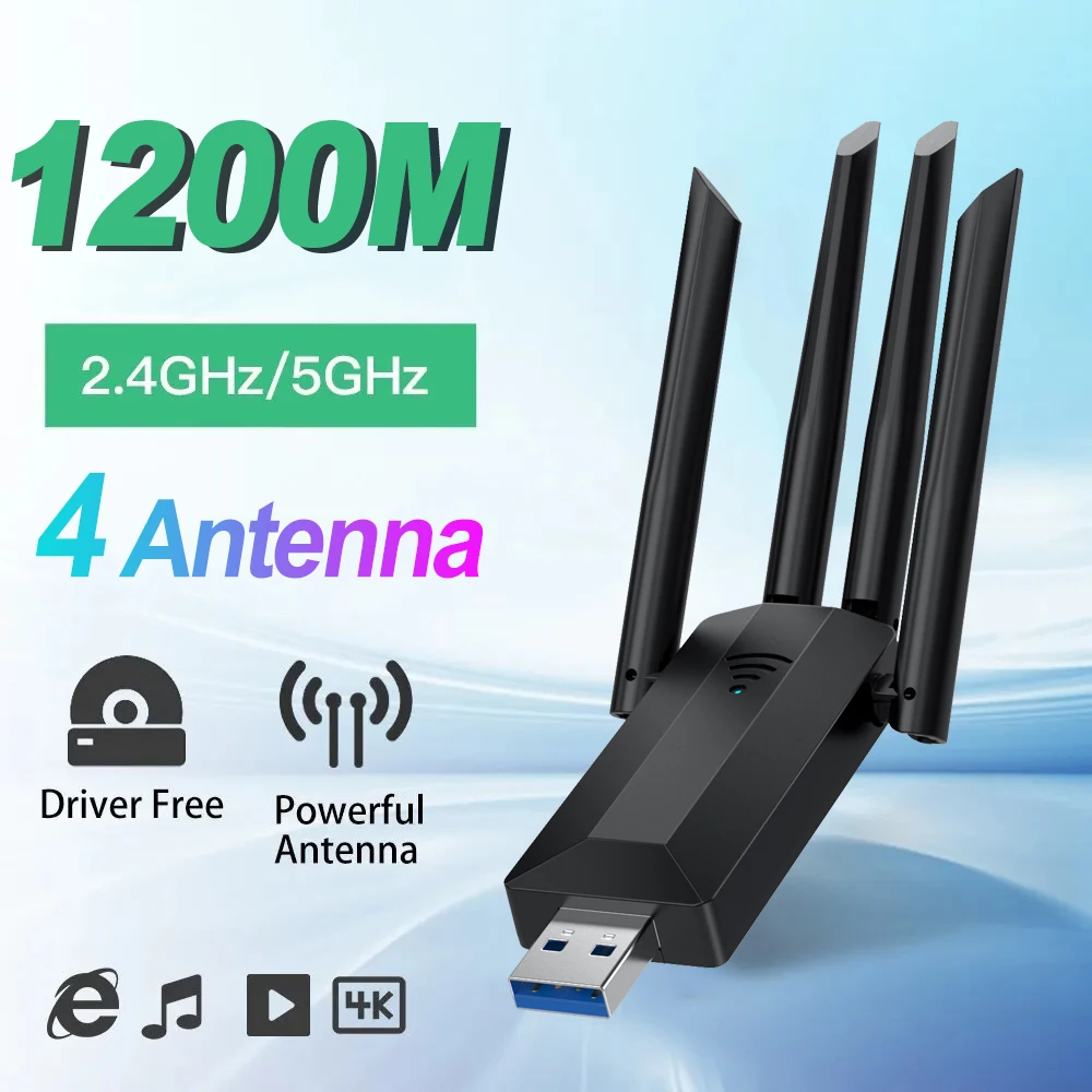 Dual Band USB wifi 1200Mbps Adapter 2.4GHz 5GHz WiFi with 4 Antenna Lan Dongle PC Mini Computer 600Mbps Network Card Receiver