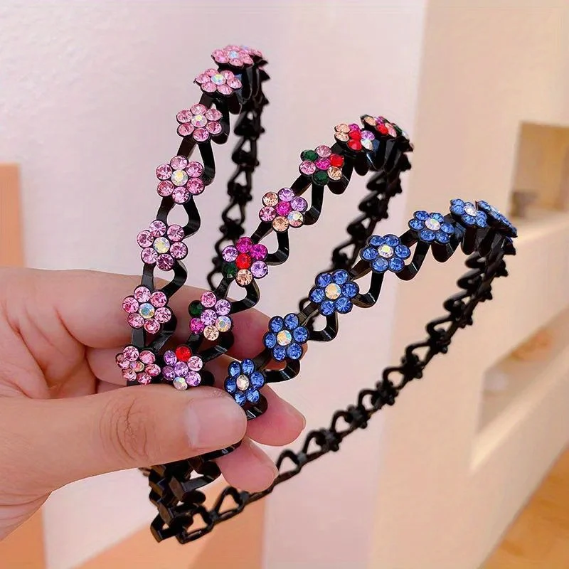 Flower Rhinestone Non-slip Headband Solid Wave Hairband for Women Girls Bezel Fashion Hair Hoop Ladies Boutique Hair Accessories