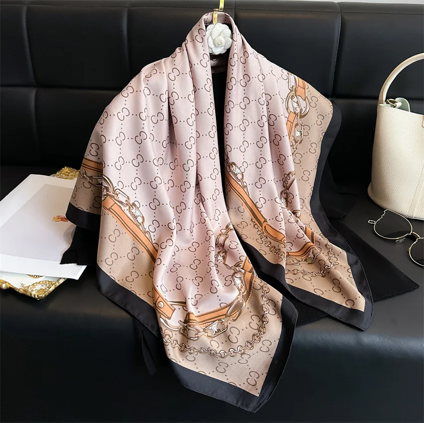 Design Luxury 90cm Twill Silk Women Scarf Sunscreen Foulard Shawl Hijab Female Hair Hijab Wraps Neckerchief Bandanda Echarpe