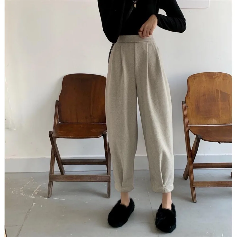 Retro High Waist Wide Leg Radish Pants Women's Woolen Pants 2025 New Autumn Casual Elastic Lantern Harlan Pants Women