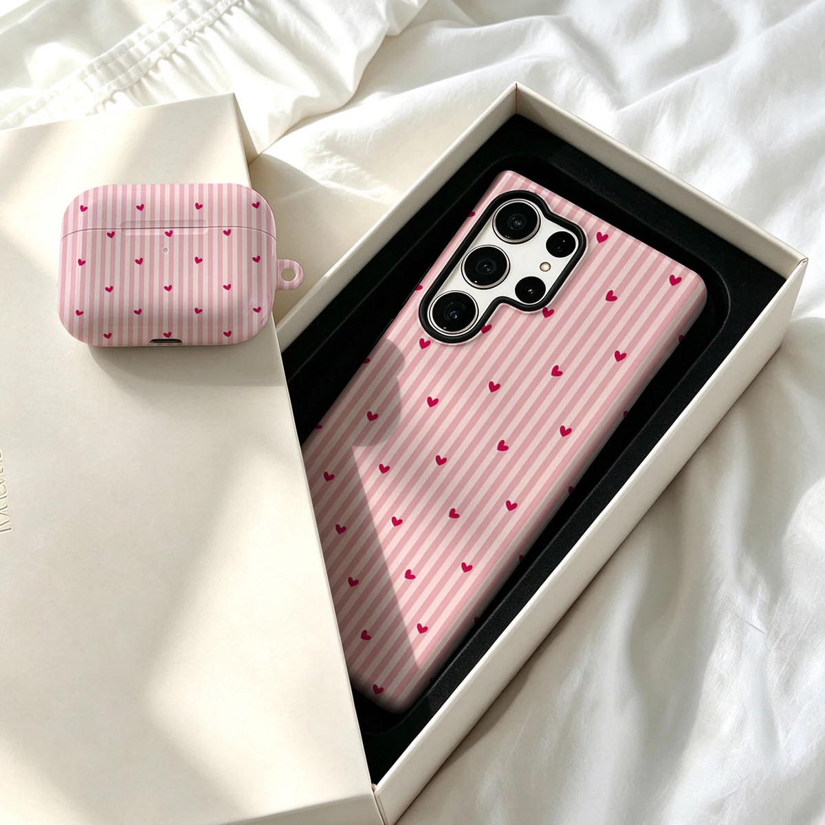 Pirve Phone Case For Samsung Galaxy S26 S25 Ultra S24 S23 Plus Shockproof Double Layer Tough Back Pink Heart Stripes Cover