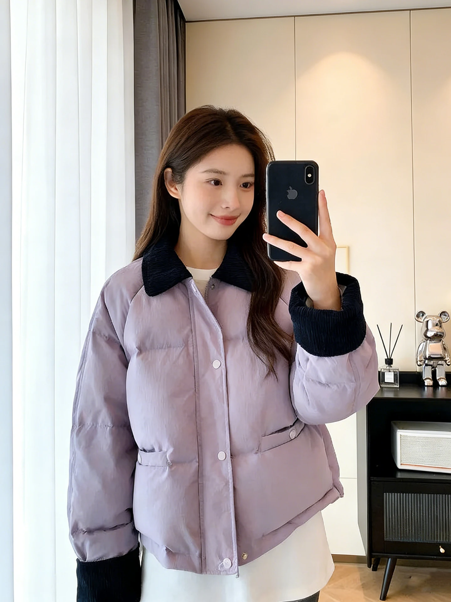 

Korean Sle ort Puffer Jaet Women's Autumn Winter Thiened Bread Coat Warm Flip Collar Splice down Cotton Outerwear