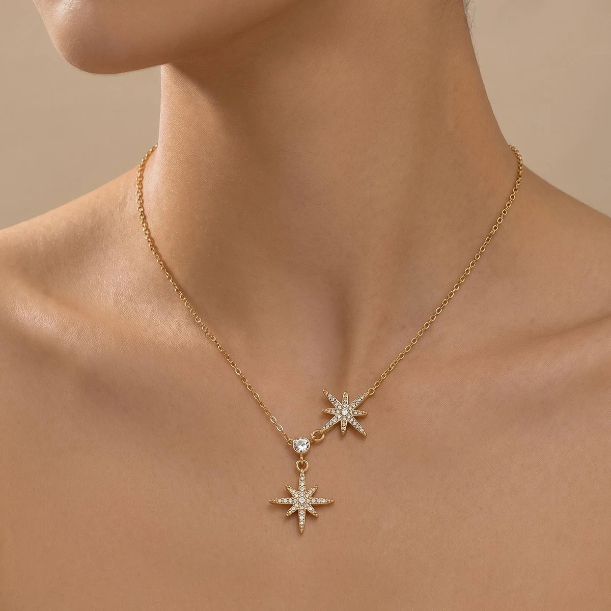 NEWBUY Waterproof Stainless Steel CZ 8-Point Star Y Shape Necklace Dainty Stackable Layering Women Jewelry
