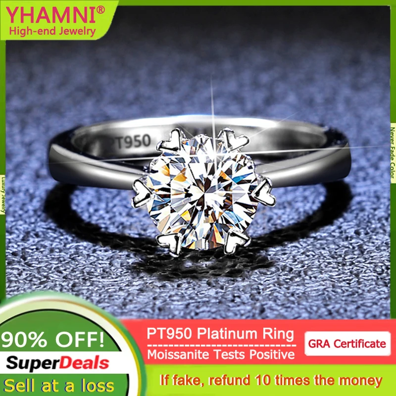 YHAMNI with GRA Certified PT950 Platinum Ring Romantic Heart Claws Inlay 1 Carat Diamond Moissanite Wedding Band for Women